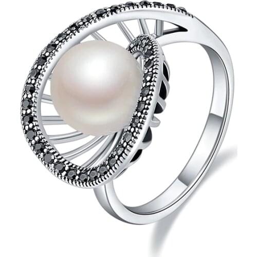 Ajojewel Geometric Hollow White Pearl Rings For Women Vintage Anel With Black Rhinestone Retro Jewelry Antique Accessories