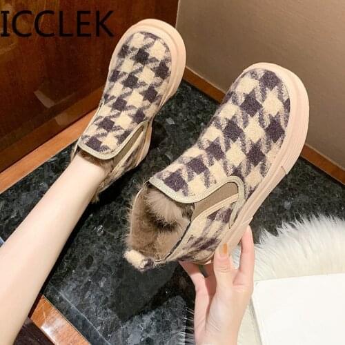 Fashion Shoes Woman Winter Platform Snow Boots Plush Female Casual Sneakers Gingham Faux Suede Shoes with Fur Inside Cold-proof
