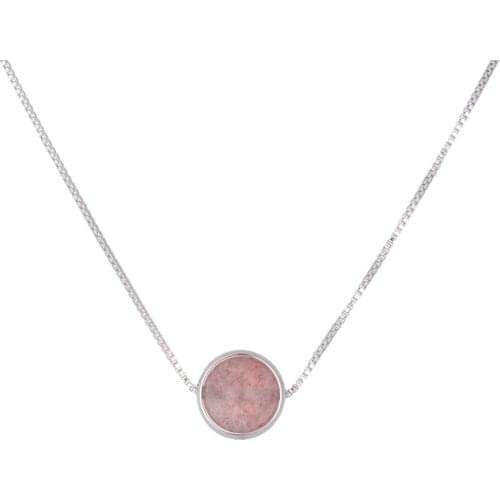 Trendy Simple Round Ball Pink Strawberry Quartz 925 Sterling Silver Ladies Pendant Necklaces Jewelry Women Short Box Chains