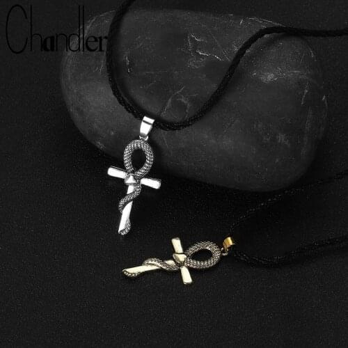 Chandler Cross Pendant Necklace Snake Charms Silver Gold Plated Ankh Cross Chokers For Women Antique Silver Sweater Colier