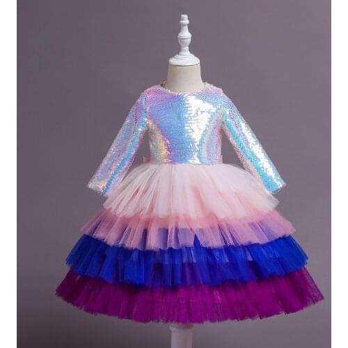 Kids Dresses New Autumn Long Sleeve Children Sequin Performance Dress Color Matching Cake Dresses For Girls Princess Dress 2-8 Y