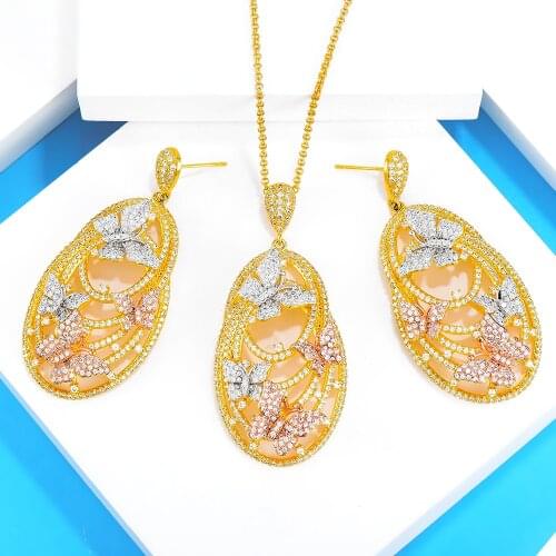 High Quality Fashion Long Chain Butterfly Necklace Drop Earrings Jewelry Sets For Women Luxury CZ Party Weddings Jewelry Sets