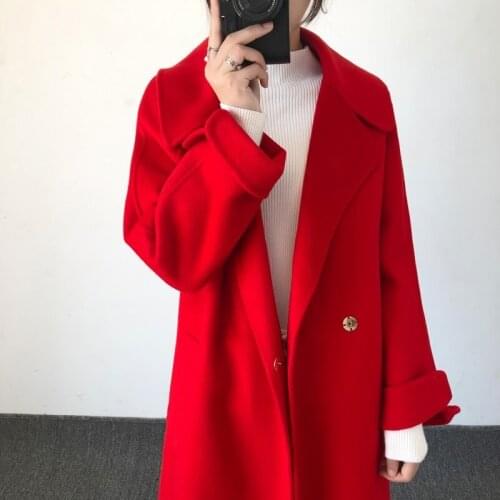 Red double-faced cashmere coat womens mid-length slim Korean style 100% pure wool coat 2021 winter coat