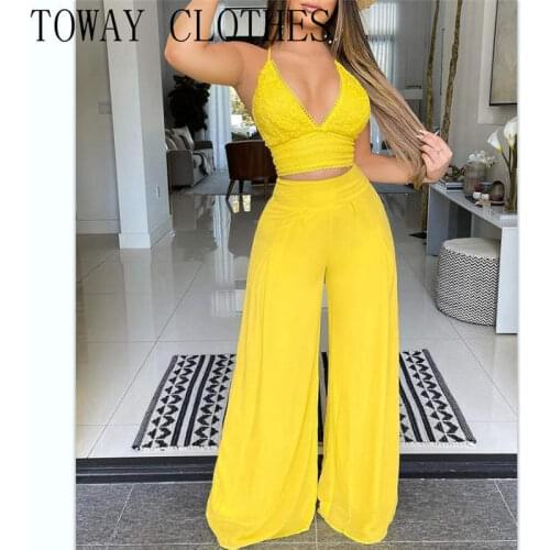 Summer Women Spaghetti Strap Sleeveless Crochet Lace Halter Crop Top & Wide Leg Pants Set
