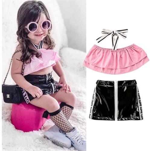 Fashion Summer Toddler Kids Baby Girls Clothes Ruffle T-shirt Crop Tops Letter Leather Skirts Baby 2PCS Outfits Baby Clothing