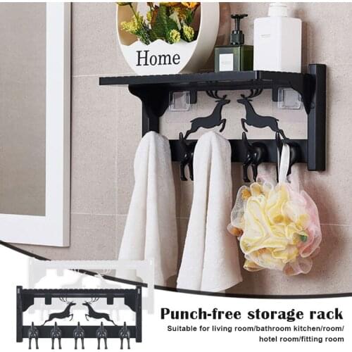Wall-Mount Coat Rack with 5 Hooks Punch-free Wall Shelf Coat Hook Rail for Hallway Bathroom Closet Room can CSV
