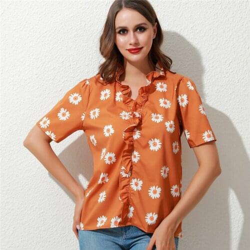 Bigsweety New Women Shirt Fashion Printed Floral Shirt Elegant Ruffles Decor Blouse Heigh Quality Short Sleeve Shirt For Ladies