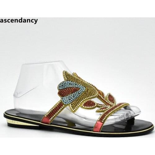 New Arrival African Women Slippers Summer Low Heels Shoes Italian Rhinestone Ladies Shoes Wedding Shoes Decorated with Diamonds
