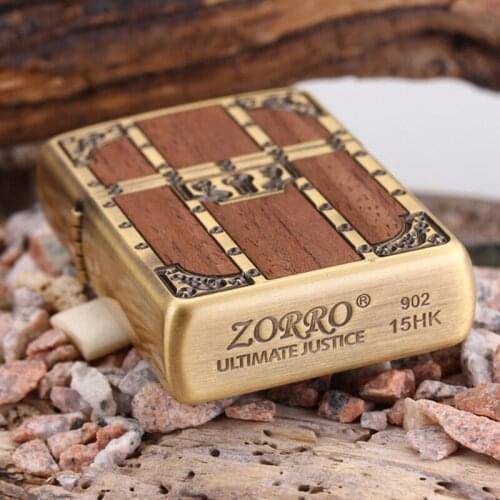 Genuine ZORRO Brass Shell Retro Personality Carved Wood Grain Ancient Door Windproof Flint Grinding Wheel Kerosene Lighter