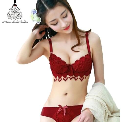 Push Up Floral Embroidery Bra Set Adjusted Deep V Underwire Thick Bra Panties Padded sexy Lingerie Bra and Briefs Set for women