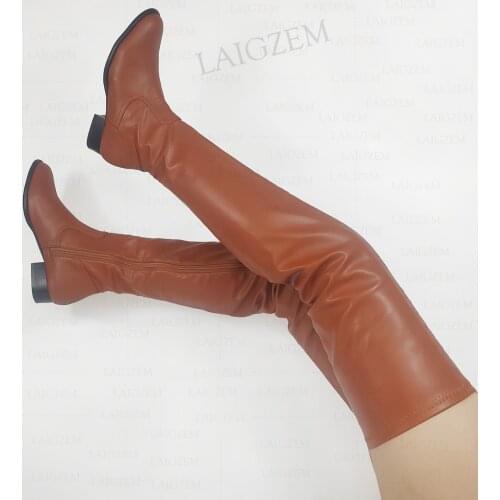 LAIGZEM Women Thigh High Boots Faux Leather Full Zip Low Heels Boots Over Knee Faux Leather Unisex Shoes Big Size 38 41 44 47 52