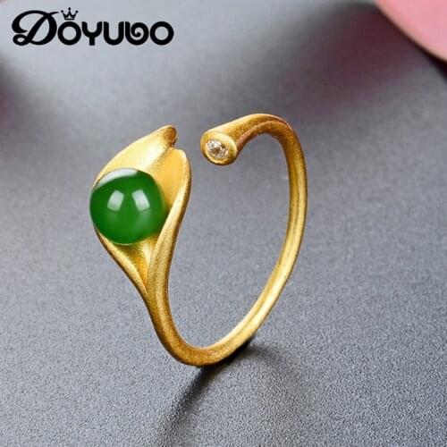DOYUBO Korean Style Sand Gold Leaf Shape Silver Ring With Green Gem Adjustable Openning Ring S925 Sterling Silver Jewelry VB448