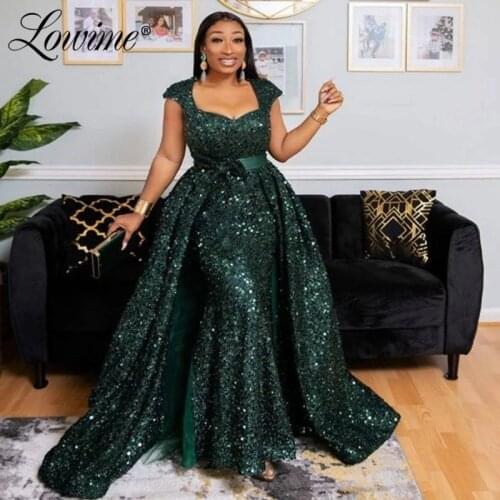 Green Long Mermaid Party Dress With Detachable Train Sequin Prom Dresses Plus Size Aso Ebi African Women Evening Gowns Robes