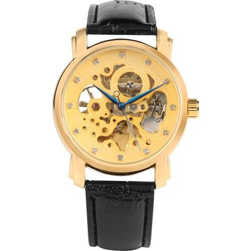 Womens Watch Automatic-self-winding Mechanical Watch Golden Hollow Skeleton Watch Blue Element Pointer Waterproof