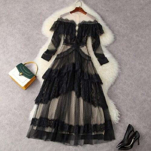 Top Quality Lace Long Dress 2021 Summer Party Evening Women Sexy Tulle Mesh Patchwork 3/4 Sleeve Elegant Black Maxi Gown Dress
