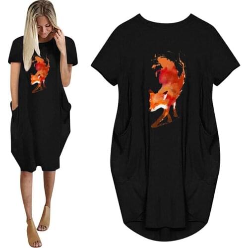 Fox Animal Cartoon Print Women Summer Short Sleeve Casual Dress With Pocket Ladies Fashion O Neck Long Tops Female T Shirt Dress