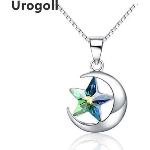Brand New 925 Sterling Silver Necklace Moon & Star Shaped Blue Crystal Pendant Necklaces for Women Sterling Silver Jewelry Gifts