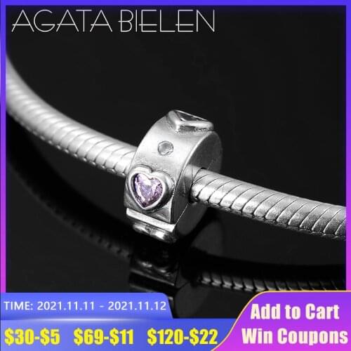 100% Real 925 Sterling Silver Pink CZ Heart Lock Clip Beads Fit Original europeu Charms Bracelet Bangles DIY Jewelry Making