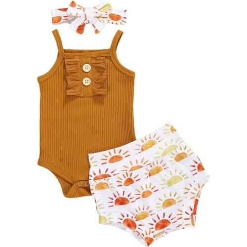 2020 Summer Toddler Kids Baby Girls Outfit Sleeveless Solid Knitted Romper Top+ Printed Shorts Headband Sets 3pcs