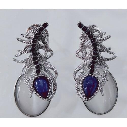 2020 Vintage Hollow-out Natural Opal Cat Eye Earring Fashion Feather Big Stone Earrings for Women Party Jewelry Dropshipping