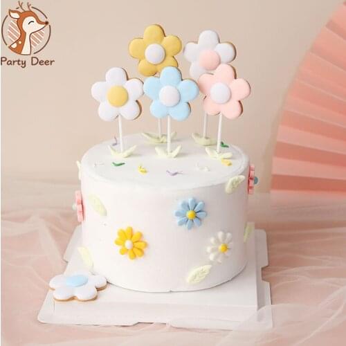 6pc Colored flowers Happy Birthday Cake Topper soft pottery Birthday party Dessert decoration for Baby shower Baking supplies