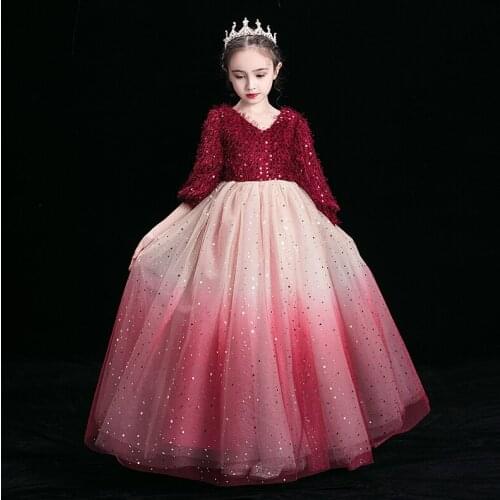 Burgundy Luxury Flower Girls Dresses V-Neck Simple Regular Lace Elegant Tulle Ball Gown Tiered Floor-Length Princess Skirt D198
