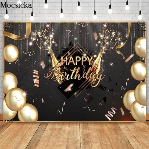 Happy Birthday Backdrop Black and Gold Champagne Balloons Poster for Men Women Birthday Anniversary Party Photo Booth Background