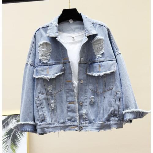 Spring Autumn Harajuku Loose Plus size Batwing sleeves Women Hole Denim jacket Oversized Washed Blue Jean jacket Female Outwear