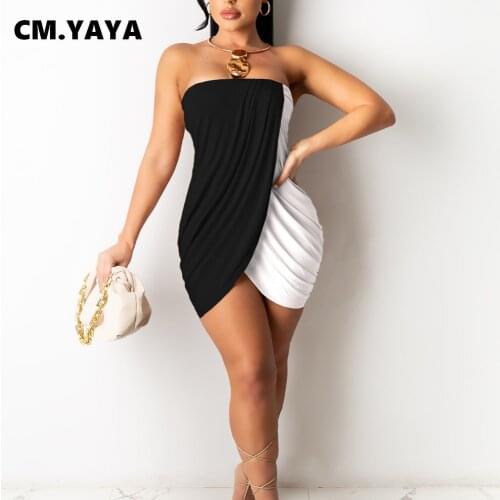 CM.YAYA Summer Patchwork Strapless Women Irregular Mini Dress Beach Sexy Party Ruched Split Midi Dresses