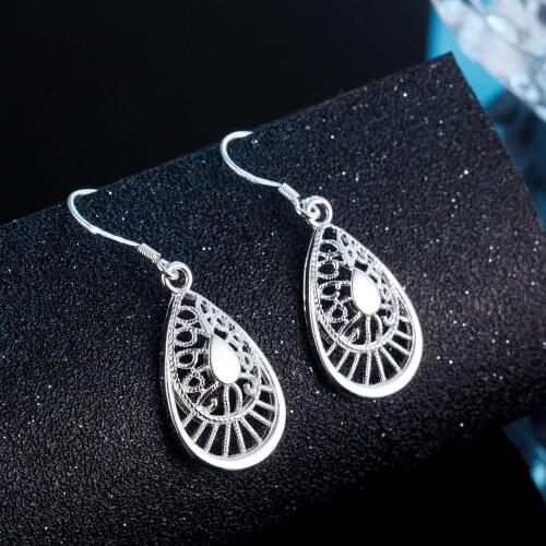 Hot Selling 100% 925 Sterling Silver vintage earrings high quality Fashion Jewelry Christmas Gift Carved water drops earrings