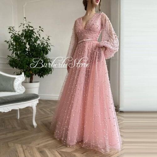 Sweet Princess Tulle Pearls Dress See Thry V-nack Long Puff Sleeves Summer Girls Dress Peach Pink Women Party Gowns Vestidos