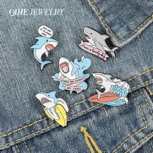 Cartoon Shark Cute Banner Enamel Lapel Pins Dangerous animals Brooches Badges Fashion Pins Gifts for Friends Jewelry Wholesale
