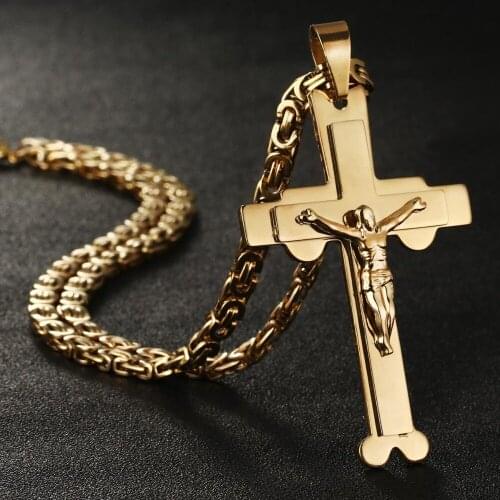 Male Catholic Jesus Christ Cross Gold Color Crucifix Necklace&Pendant for Men Stainless Steel Byzantine Necklaces Jewelry NC045