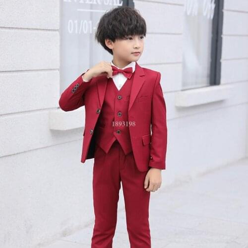 Formal Child Burgundy Dress Suit Set Flower Boy Wedding Host Party Prince Costume Kids Blazer Shirts Pants Bowtie 4PCS Outfit