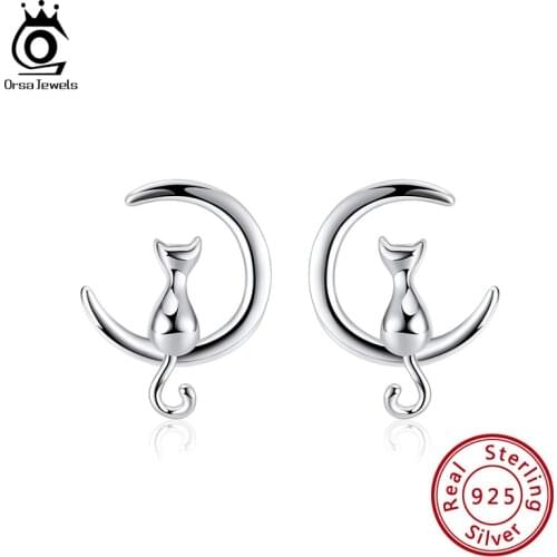 ORSA JEWELS Real 925 Sterling Silver Stud Earring Creative fun cat shape Sitting On the Moon For Girl 2020 Fine jewelry SE329