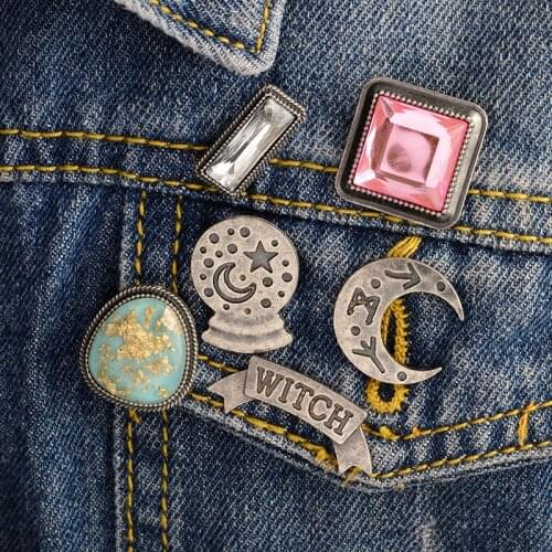 Punk Moon Crystal ball Witch Land White Pink Rhinestones Pins button Brooch Denim jacket Coat Dark Black Brooch Badge jewelry