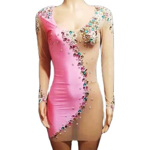 Rhinestones Pearl Mesh Gauze Mini Dress Perspective Wear Backless Nightclub Performance Dance Costume Party Evening Costume