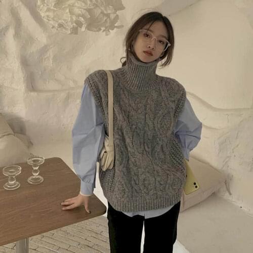 2021 Spring Autumn Sweater Knitted Vest Korean Tops for Women Clothing Oversized Vintage Sleeveless Kawaii Pullover Turtleneck