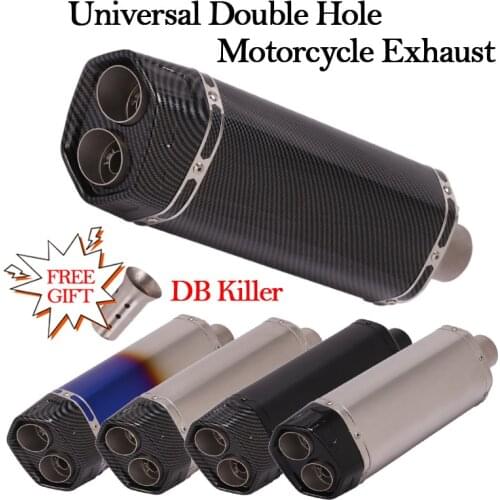 Universal Motorcycle Double Outlet Hole Exhaust Carbon Fiber Modified Escape Pipe Muffler DB Killer For H2 Z1000 MT09 MT10 GSXR