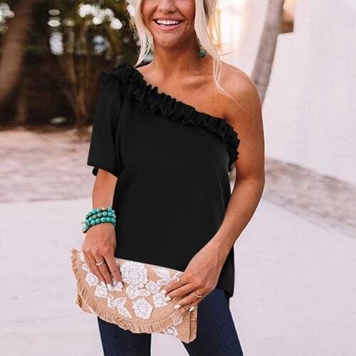 New European Style Womens T-Shirt Oblique Shoulder Solid Color Ladies Top Female Clothing T-Shirts Summer Clothes For Women