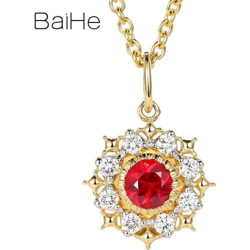 BAIHE Solid 14K Yellow Gold 0.25ct Round Natural Ruby 0.15ct Diamonds Women Trendy Wedding Fine Jewelry Gift Little Sun Pendant