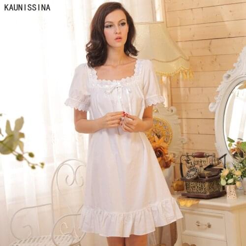 Women 100% Cotton Nightgown Summer Night Dress Short Sleeve V-Neck Pleated Loose Nightdress Female Lace Sleepwear Clothes
