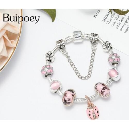 Buipoey Europe Pink Butterfly Beaded Shiny Lucky Ladybug Charm Bracelets For Women Original Fashion Fine Girl Jewelry Gifts