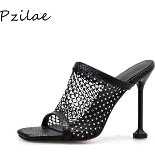 Pzilae 2020 fashion gladiator sandals women shoes peep toe thin heels high heel slippers sandals summer mesh rhinestone slippers