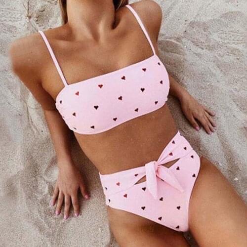 Women Sexy Two Piece Swimsuit Cute Pink Bowknot Love Printed Bikini Push-Up Padded Swimwear Swimsuit Bathing Beachwear