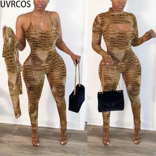 UVRCOS Women Serpentine O-Neck Full Sleeve Crop Top Halter Long Jumpsuit Fitness High Quality 2021 New Sexy Mujer Two Piece Set