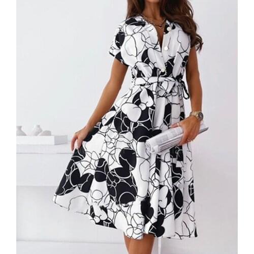 Elegant Lace-Up Belt Women A-Line Dress 2021 Summer Fashion Vintage Pattern Print A-Line Midi Dresses Sexy V-Neck Party Dresses