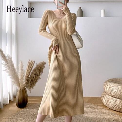 2021 New Autumn Winter Sweater Dress Elegant Solid Color Long Sleeve Warm Square Neck Ladies Long Knitted Dresses Female