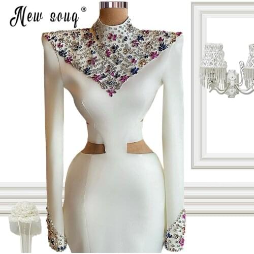 Muslim High Neck Long SLeeve Sparkly Crystals Prom Dress White African Mermaid Long Robes Evening Gown Floor Length De Soiree