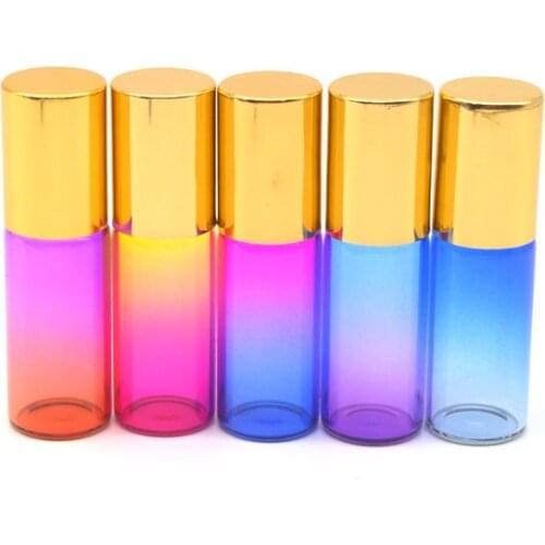 5pcs Gradient Colorful 5ml Glass Roller Bottle Empty Fragrance Essential Oil Perfume Roll-On Bottle Gold Cap